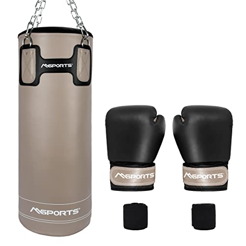 MSPORTS Boxsack-Set Professional 80 x 30 cm, Box-Set mit 1 Paar Boxhandschuhen und Boxbandagen - 25 kg Beige-Schwarz Boxset