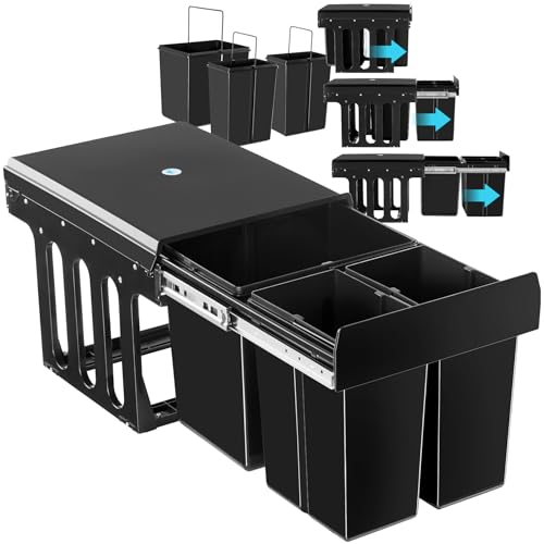tectake® Abfallsammler, Mülleimer 3 Fächer, Mülltrennsystem Küche, für Schrank, Mülleimer Küche ausziehbar, Einbaumülleimer, Abfalleimer Küche. Mülleimer Küche Unterschrank - 2x 8L + 15L