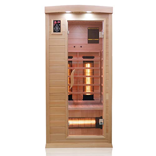 Dewello® Infrarotkabine Infrarotsauna Pierson 90x90 für 1 Person aus Hemlock Holz mit Vollspektrumstrahler, Bodenstrahler, LED-Farblicht, Bluetooth, FM,MP3,USB