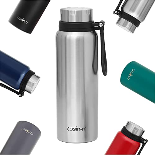 Cosumy Thermosflasche mit Filter 1l - Doppelwandiger Edelstahl - Auslaufsicher - Kohlensäure geeignet - Ideal für Unterwegs - Silber