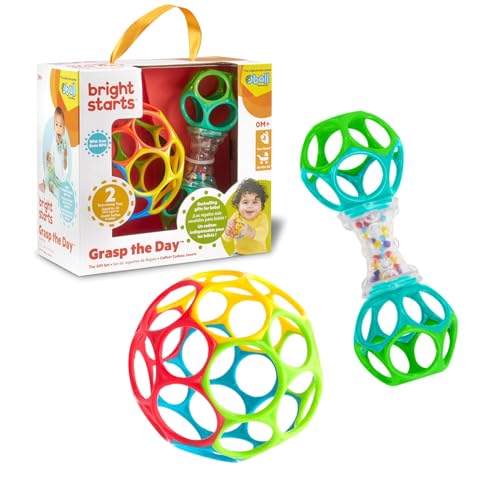 Bright Starts Easy-Grasp Oball Bundle Geschenk-Set - Grasp the Day, Ball und Rasselspielzeug 2er-Pack, BPA-frei, Unisex, Newborn+
