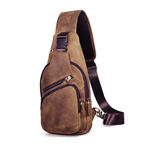 Le'aokuu Herren Echtes Leder Brusttasche Umhängetasche Sport Outdoor Messenger Bag Wanderrucksäcke（8015 1 Braun 2）