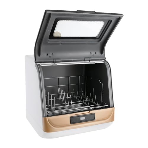 Mini Tischgeschirrspüler, Tragbarer Geschirrspüler mit 3 Programmen/5L Wassertank/360° Sprühvorrichtung/Touch-Control, Tisch Spülmaschine mit/ohne Wasseranschluss für Camping & Wohnmobile (Gold)