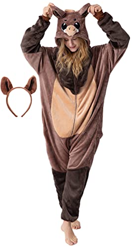 corimori Flauschiges Wildschwein-Kostüm für Erwachsene mit Haarreif | Karneval Kostüm Onesie für Damen, Herren | Körpergröße 180-190cm