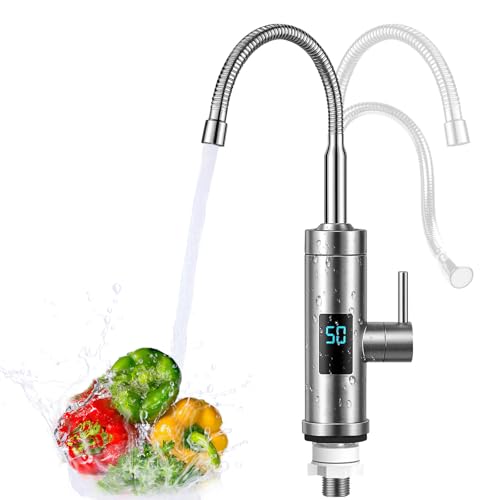 Elektrischer Wasserhahn mit Durchlauferhitzer,2025 Upgrade 220V 3000W 360° Edelstahl Heiß- Und Kaltwasserhahn mit LED Temperaturanzeige, Max.60℃ Heizung Smart Heater Wasserboiler für Küche Wohnwagen