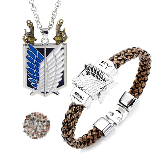 YouU 22 Stück Anime-Halskette Attack On Titan Cosplay Armband Anime-Aufkleber-Geschenke für Anime-Fans und Männer und Frauen