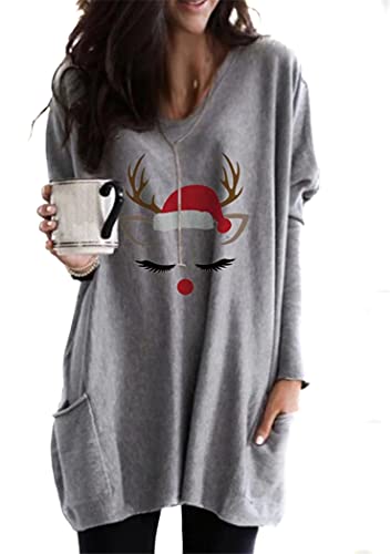 OMZIN Weihnachten Sweatshirt Damen Neuheit Pullover Freizeit Pullover Rentier Schneeflocke Rundhals Tops Damen Mittelgrau XXL