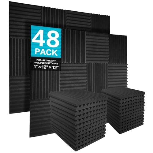 JBER 48 stück Akustikschaumstoff Akustikschaumplatten, 2,5 x 30 x 30 cm Schallabsorber Akkustikschaumstoff Schallschutz für Tonstudio, Schwarz