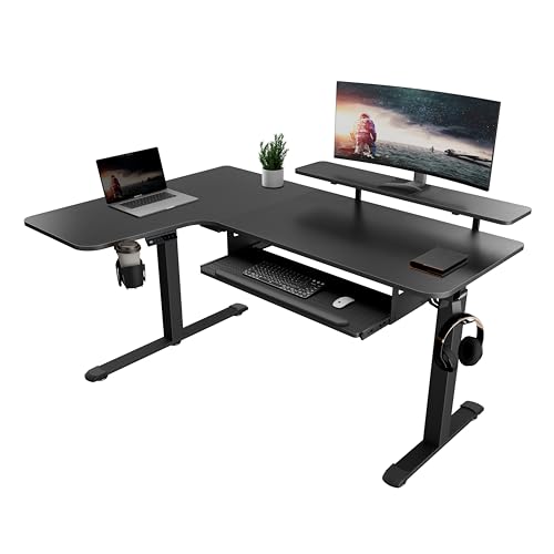 EUREKA ERGONOMIC Höhenverstellbarer Schreibtisch 155x110 cm Großer Eckschreibtisch Höhenverstellbar Schreibtisch Höhenverstellbar Elektrisch Gaming Tisch L Form mit Tastaturablage, LED Monitorständer