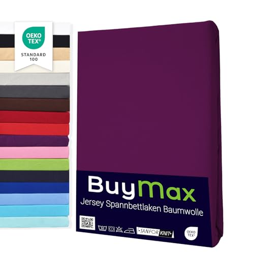 Buymax Spannbettlaken 180x200cm Baumwolle 100% Spannbetttuch Bettlaken Jersey, Matratzenhöhe bis 25 cm, Farbe Aubergine