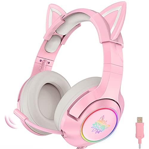 Gaming-headset Pink, Niedliches Katzenohr-headset, 7.1-surround-sound-gaming-headset Mit Einstellbarer Geräuschunterdrückung, Led-licht, Einziehbarem Mikrofon Und Abnehmbarem Katzenohr