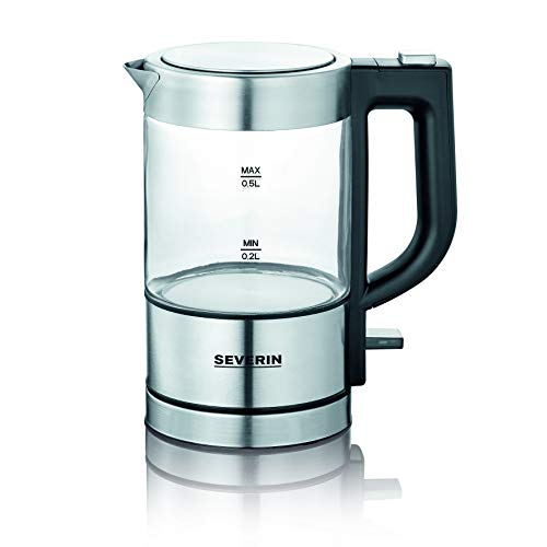 SEVERIN Mini Glas Wasserkocher 0,5 L, leistungsstark und kompakt in hochwertigem Design, elektrischer Wasserkocher mit Kalkfilter, Edelstahl/schwarz, WK 3472