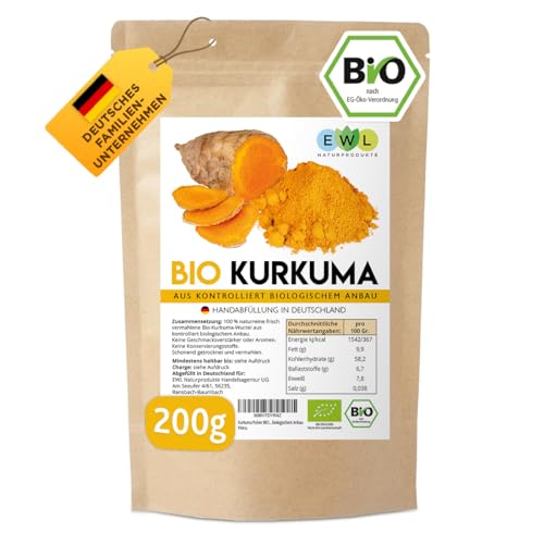 EWL Naturprodukte Kurkuma Pulver BIO, 200g Kurkuma Bio Pulver fein gemahlen, Curcuma Pulver aus kontrolliert biologischem Anbau