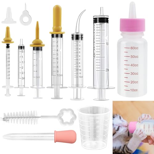 DONQL Aufzuchtflasche Kitten, Aufzuchtflasche Katze 60ml, 5 Mini-Nippel mit Spritzen Messbecher Tropfer, Aufzuchtflasche Hund, Katzen Flasche, Kitten Milch Aufzucht für Welpen, Kätzchen, Eichhörnchen
