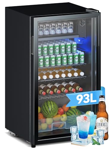 Devoko Getränkekühlschrank mit Glast,93L Minikühlschrank,mit RGB LED Lichtern,verstellbare Einlegeböden, Indoor/Outdoor,für zu Hause, Büro, Partys & Gastro,Minibar, Kühlschrank Schwarz