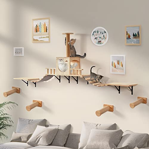 Katzen Kletterwand Set aus Massivholz für Kleine bis Große Katze bis 25KG, LitaiL Extra Stabile Kletterwand Katzen mit Katzenbrücke, Katzenliege,4X Kratzsäulen,Katzenhaus für Wand, 12-teilig