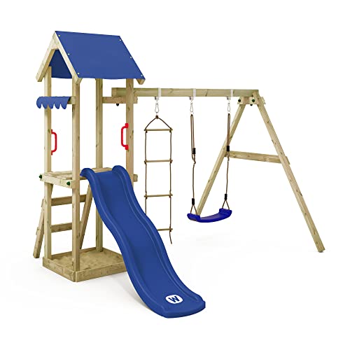 WICKEY Spielturm Klettergerüst TinyCabin mit Schaukel & Blauer Rutsche, Outdoor Kinder Kletterturm mit Sandkasten, Leiter & Spiel-Zubehör für den Garten