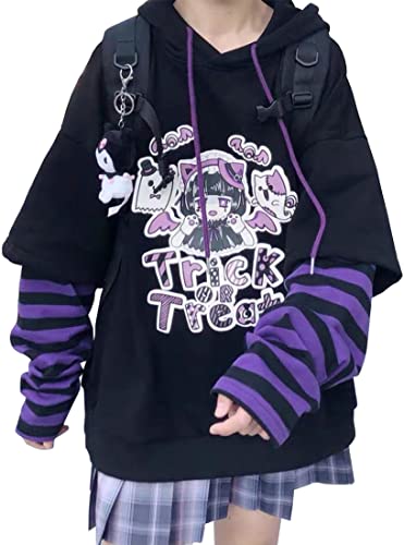 YINGKE Damen Anime Kapuzenpullover Japan Kawaii Hoodie E-Girl Streetwear Mädchen Y2K Gothic Sweatshirt Pullover (XL, Black)