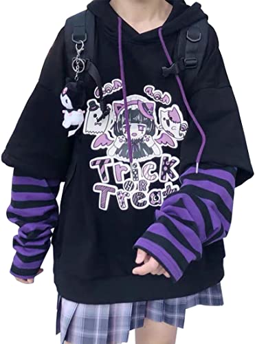 YINGKE Damen Anime Kapuzenpullover Japan Kawaii Hoodie E-Girl Streetwear Mädchen Y2K Gothic Sweatshirt Pullover (M, Black)