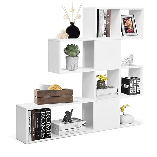 GOPLUS Bücherregal mit 10 Fächern, Raumteiler Regal, Stufenregal aus Holz, Treppenregal Holzregal für Schlafzimmer, Wohnzimmer, 120 x 19,5 x 109 cm (Weiß)