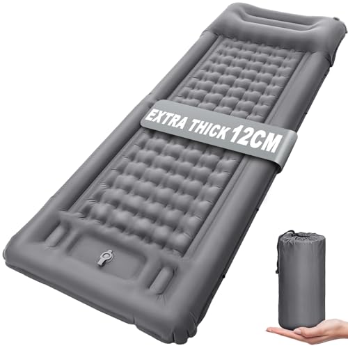 NHOWIN Isomatte Selbstaufblasend, 12CM Verdicktes Ultraleicht Isomatte mit Kissen & Fußpresse Pumpe, Kleines Packmaß Wasserdicht Anti-Ripstop Camping Matratze für Outdoor, Rucksackreisen, Wandern