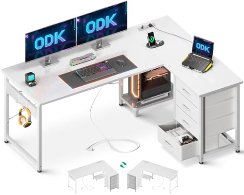 ODK Eckschreibtisch mit Schubladen, Schreibtisch L Form mit Steckdosen und USB-Ladeanschluss, Reversibler Schreibtisch mit Stauraum für das Heimbüro, Weiß, 135×100cm