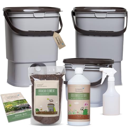 Bokashi Eimer Starterset Premium inkl. EM aktiv + Bokashi Ferment + 5 Liter Biomülleimer + Sprühflasche - Komposteimer wandelt Küchenabfälle in Dünger um.