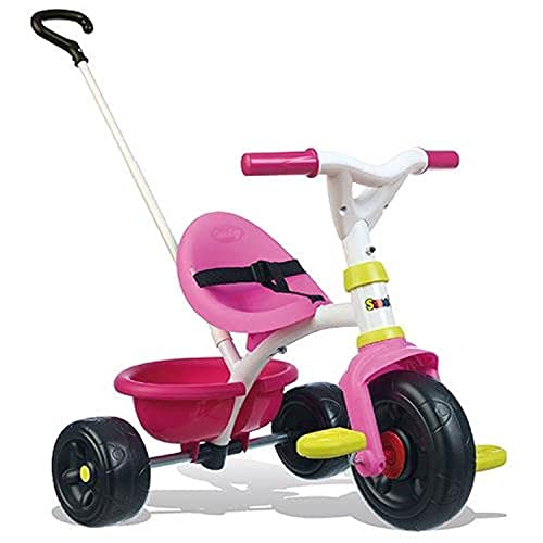 Smoby 740322 – Be Fun Dreirad rosa – Kinderdreirad mit Schubstange, Sitz mit Sicherheitsgurt, Metallrahmen, Pedal-Freilauf, für Kinder ab 15 Monaten, One Size