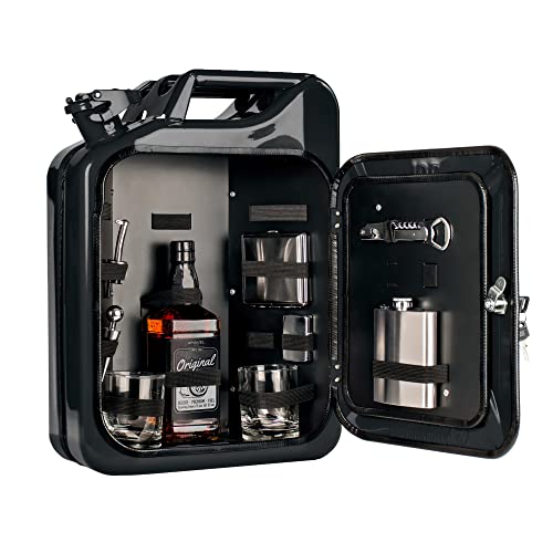 AMAVEL Kanister Bar 20 l, Bestückt, Schwarzer Benzinkanister Minibar mit 8-teiligem Zubehör-Set, Barschrank inkl. 2 Gläsern und Flaschenhalter, Mini Bar Set