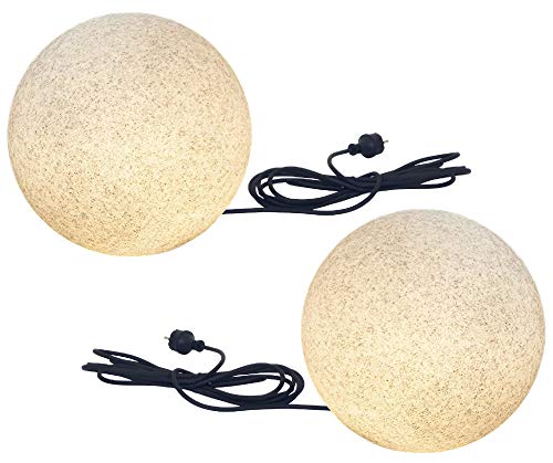 Trango 2er Set 200G Kugelleuchte, Gartenkugel *NATURE* IP65 in Granit-Optik 20cm Durchmesser inkl. je 1x E27 Fassung & je ca. 5m IP44 Kabel Leuchtkugel, Außenleuchte, Außenkugel ohne Leuchtmittel