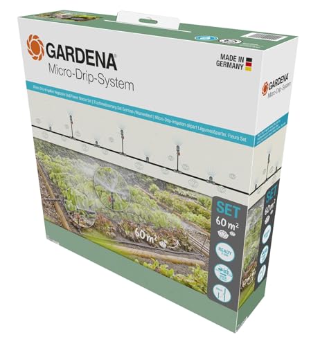 Gardena Micro-Drip-System Tropfbewässerung Set Gemüse-/Blumenbeet (60 m²): Starter-Set sofort einsatzbereit, wassersparendes Bewässerungssystem, einfache & flexible Verbindungstechnik (13450-20)