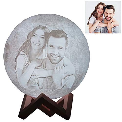 Q&K Personalisierte Fototext Benutzerdefinierte Mondlampe Nachtlicht 3D-Druck Wiederaufladbare Lampe LED Mondlicht Kinder Kinderzimmer dekorativ für Ehemann Mutter Sohn (18CM) - Weiß, Polyester