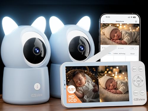 CZEview BM6 Babyphone mit 2 Kameras 2K & 4X Zoom, 5.5' HD Babyfon mit App (Blau mit 2 Kameras)