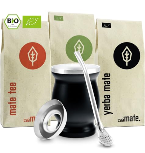 Mate Tee Set Bio ● 3 Matesorten + doppelwandiger Edelstahl Matebecher + Bombilla + Zubereitungsanleitung (schwarz)