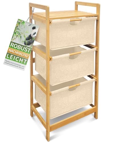 HEIMWERT Wäschekorb Regal 3 Fächer - Stabiler Wäschesortierer aus Bambus Holz - Wäschesammler 44 x 34,5 x 96 cm groß für Badezimmer und Schlafzimmer I Wäsche Organizer mit Textil Korb (Naturweiß)