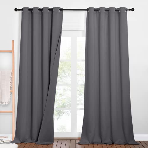 PONY DANCE Schallschutz Vorhang mit Abnehmbarem Filzfutter 2er Set H 240 x B 132 cm Dreilagige Verdunklungsvorhänge mit Ösen Dicke und Schwere Gardinen Hitzeschutz Thermovorhang, Grau