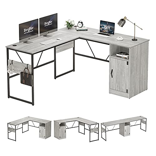 Bestier L-förmiger Schreibtisch mit Aufbewahrungsschrank, 152,4 cm, Eck-Computertisch, modernes Heimbüro, langer Schreibtisch, wendbares Design, Arbeitszimmer, Arbeitsplatz, Tisch für 2 Personen (weiß