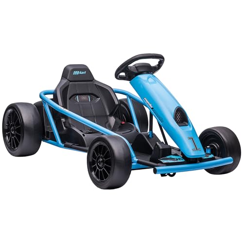 HOMCOM Kinder Elektro Gokart 12 V 6-13km/h Drift Kart mit Langsamem Start, Musik, Hupe und Sicherheitsgurt, Kinderfahrzeug für 8-12 Jahre Kinder, Blau