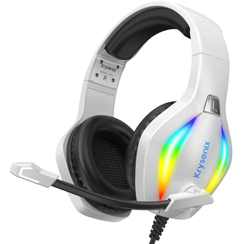 Krysenix PG1 RGB Gaming Headset für PS4, PS5, PC, Nintendo Switch, Xbox, Headset mit Mikrofon, Gaming Kopfhörer mit Mikrofon, Noise Cancelling Kopfhörer mit 3.5mm Klinke Weiß/Schwarz