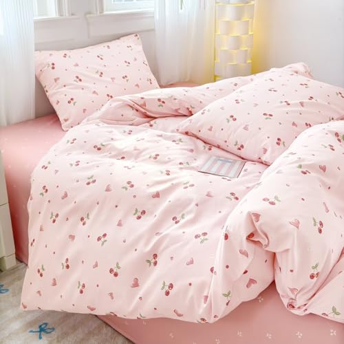 AShanlan Bettwäsche Baumwolle 135x200 Rosa Kirschen Herzen Muster Bettwäsche-Sets mit Reißverschluss ÖkoTex Zertifiziert - 1 Bettbezug 135 x 200 cm und 1 Kissenbezug 80x80 cm