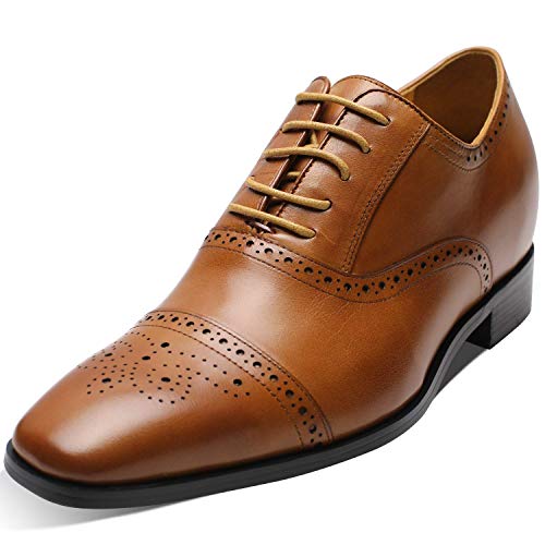 CHAMARIPA Elevator Shoes Echtes Leder Höher Herren Schuhe Oxford Aufzug Schuhe Schnürhalbschuhe Geschäft Anzugschuhe, 7cm Höhe Erhöhte Lederschuhe(45 EU, braun)