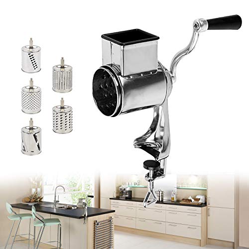Manuelle Kartoffelreibe Reibemaschine KüChenmaschine GemüSeschneider Drum Trommelreibe Salat Reiben Drehreibe KäSereibe NussmüHle Trommelschneider 5TrommeleinsäTze Manual GemüSe Schneider (Silber)