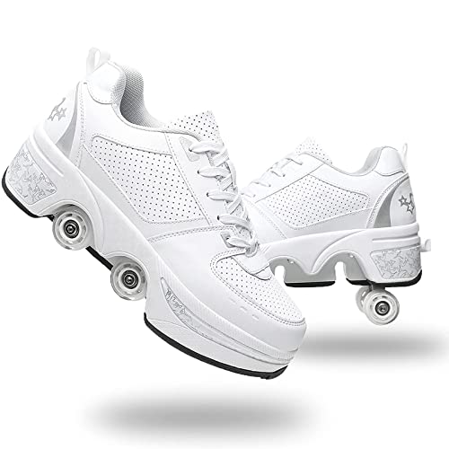 Roller Skate Shoes Rollschuhe Schuhe Mit Rollen Skateboardschuhe,Inline-Skate, verstellbar Damen Schuhe mit Rollen für mädchen (34, White Silver)