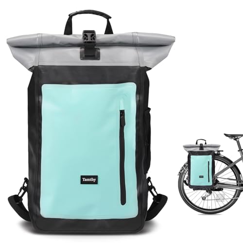 tamthy Fahrradtaschen für Gepäckträger 100% Wasserdicht mit Laptopfach Multifunktional 2 in 1 Fahrradtasche Rucksack & Gepäckträgertasche Hinten für Radfahren, Pendler, Reisen (Mint, 28L)