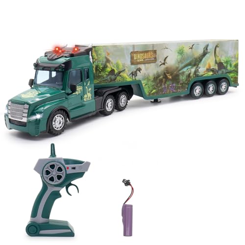 fisca Fernsteuerung LKW Spielzeug, Kinder Fernbedienung Spielzeug Transport LKW mit Lichtern und Geräuschen, Große Dinosaurier Drucke Geeignet für 3 4 5 6 Jahre alt Jungen und Mädchen Geschenke