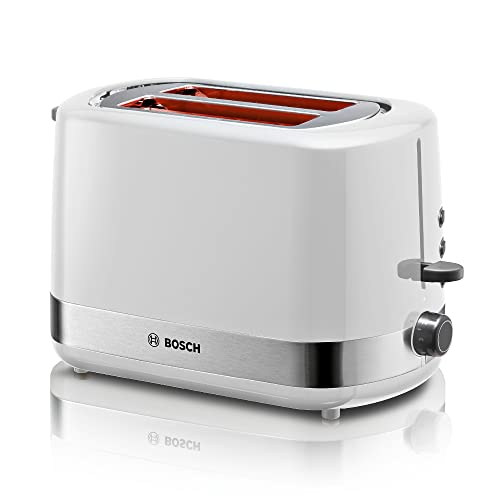 Bosch Kompakt Toaster TAT6A511, integrierter Brötchenaufsatz, mit Abschaltautomatik, mit Auftaufunktion, perfekt für 2 Scheiben Toast, Liftfunktion, Brotzentrierung, 800 W, Edelstahl/weiß