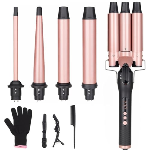 UNOBEY Lockenstab 5 in 1, Lockenstäbe 3 Fässer Welleneisen Set mit austauschbaren Keramik Lockenstab 13-32mm für Große und Kleine Locken, Beach Waves, Temperatureinstellung, Handschuh