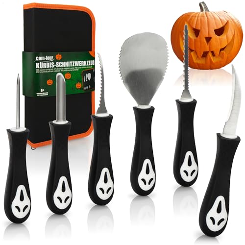 com-four® 6-teiliges Kürbis Schnitz-Set für Halloween - Schneide-Werkzeuge zum Aushöhlen von Kürbissen - Tasche mit Säge, Löffel, Schnitzwerkzeuge (6-teilig + Tasche - schwarz/weiß)