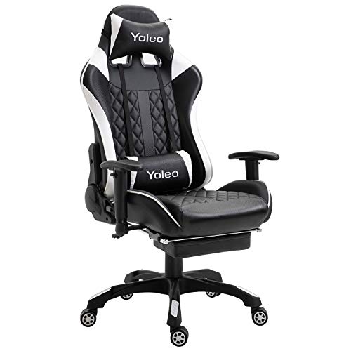 YOLEO Gaming Stuhl, bequemer Bürostuhl 150 kg Belastbarkeit Gaming Sessel, Kunstleder PC Stuhl Gamer drehbar höhenverstellbar Neigungswinkel Gaming Chair mit Kopfstütze und Fußstütze (Weiß)