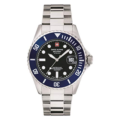 Swiss Alpine Military 7053.1 Master-Diver Herren-Armbanduhr, analog, Quarz, Edelstahl, Stahl/Blau/Schwarz – 1136sam, Armband, Stahl/Blau/Schwarz – 1136sam, Armband